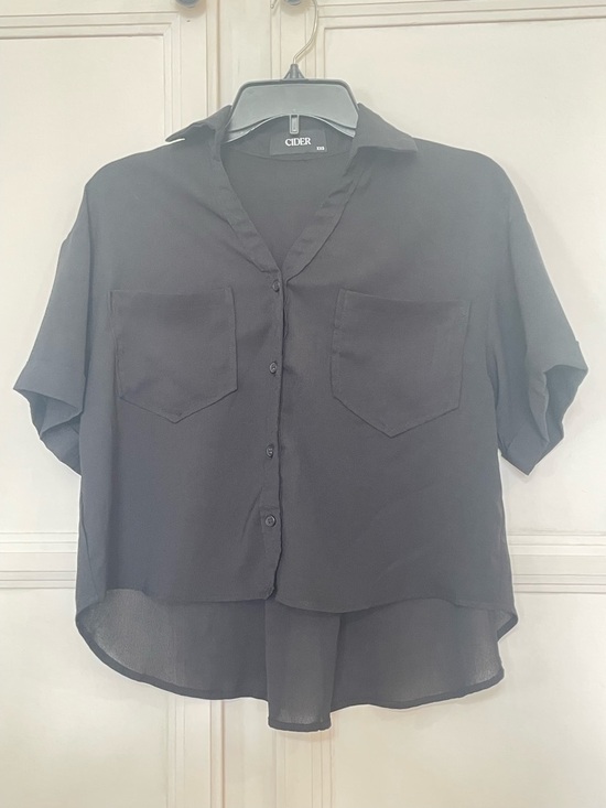 Cider Tops - Cider collar pocket button up short sleeve crop blouse black XXS
